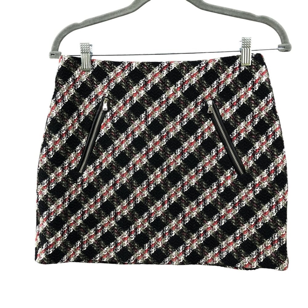 Zara Tweed Mini Skirt Size S Small Black Red Plaid Boucle Zipper Moto Glam